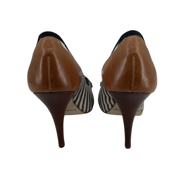 Gianni Bini Navy White Striped Peep Toe Buckle Heels Size 7 1/2 Women’s - Picture 7 of 14